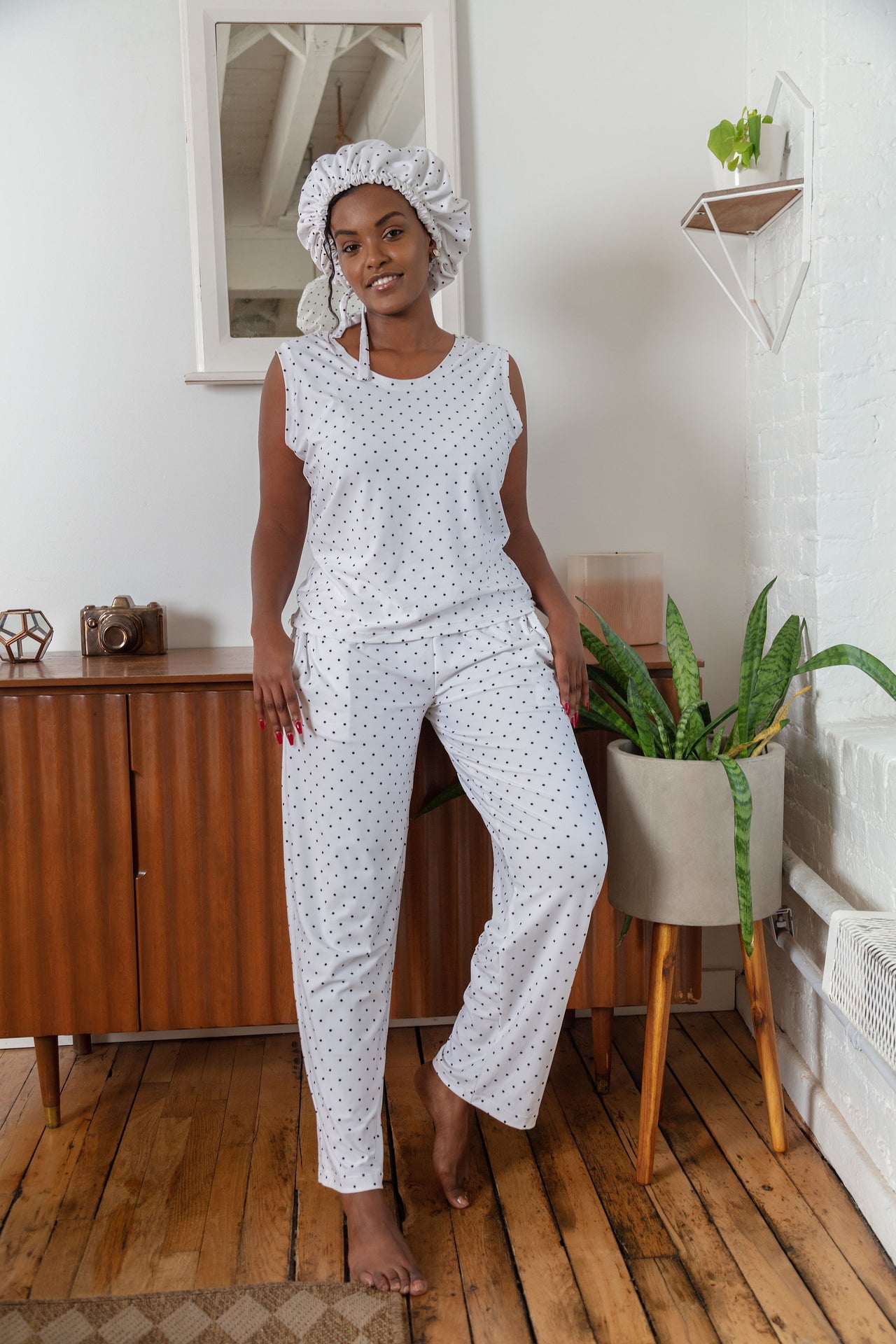 Women's Bamboo Moisture Wicking, Black & White Polka Dot Tank Top, Pajama  Pants Set, With A Matching Satin-Lined Bonnet